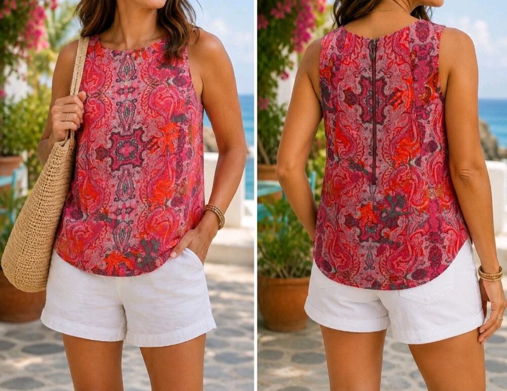 CAbi 127 Jubilee Sleeveless Top Medium Pink Paisley Scoop Neck Lined Blouse Tank